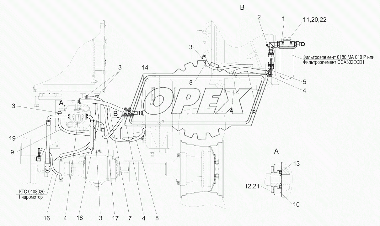 Гидросистема привода ходовой части КГС 0108000А (вид сзади)
