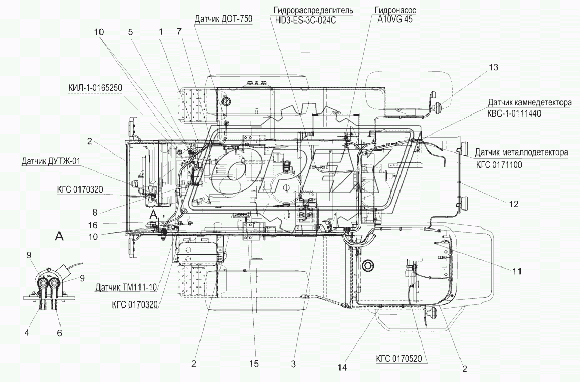 Электрооборудование измельчителя самоходного (вид сверху)