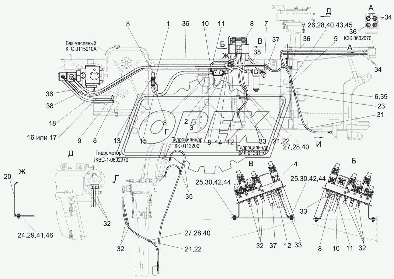 Гидросистема рабочих органов и рулевого управления КГС 0125000 (вид справа)
