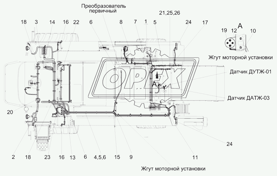 Установка электрооборудования молотилки КЗК-5-4-0721000 (вид сверху)