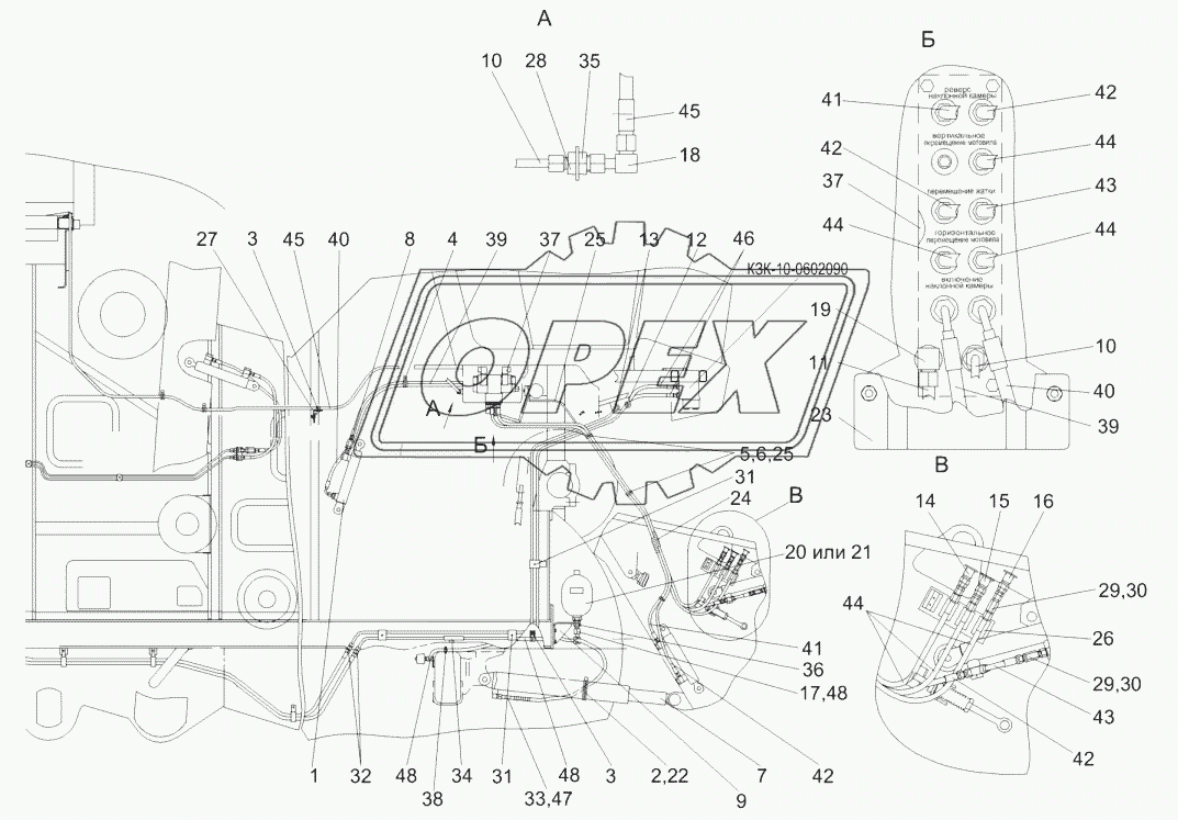 Гидросистема рабочих органов и рулевого управления КЗК-10-1-0602000Б (вид справа) (лист 1)