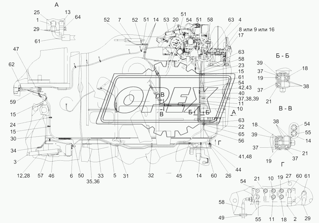 Гидросистема рабочих органов и рулевого управления КЗК-10-1-0602000Б (вид сзади) (лист 1)