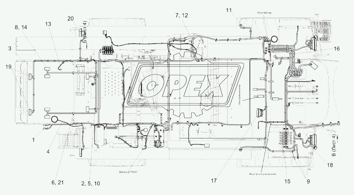 Электрооборудование молотилки самоходной КЗК-10-3-0100000 (вид сверху)