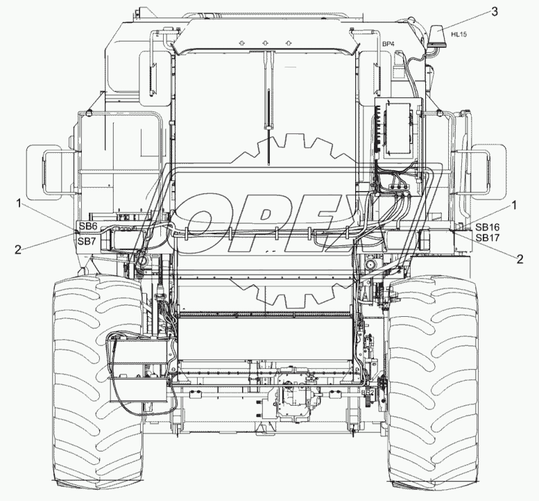 Электрооборудование молотилки самоходной (вид спереди)