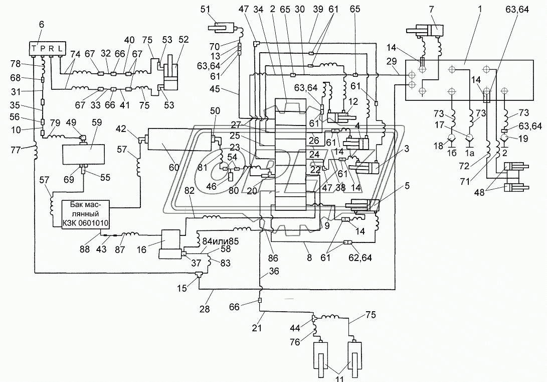 Схема соединений гидросистемы рулевого управления и силовых цилиндров КЗК 060200