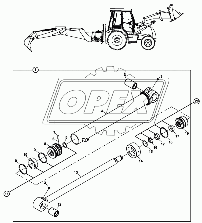 RAM, BUCKET, BACKHOE, COMMON CENTERED RAM AND TIPPING LINK