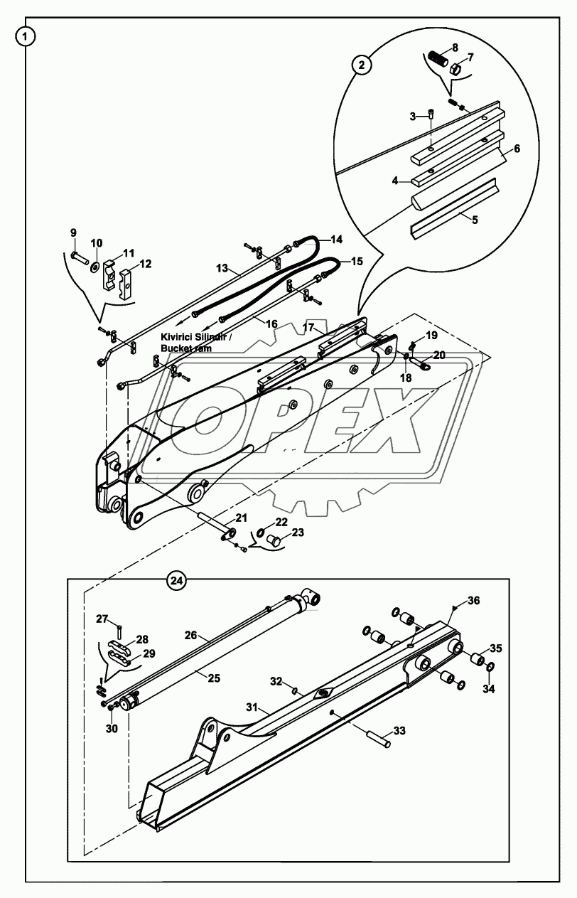 TELESCOPIC DIPPER, COMMON CENTERED RAM AND TIPPING LINK