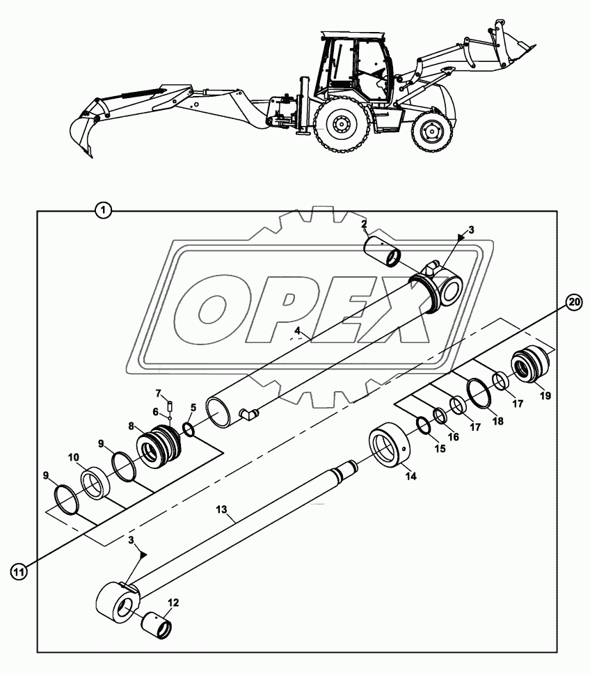 RAM, BUCKET, BACKHOE, COMMON CENTERED RAM AND TIPPING LINK