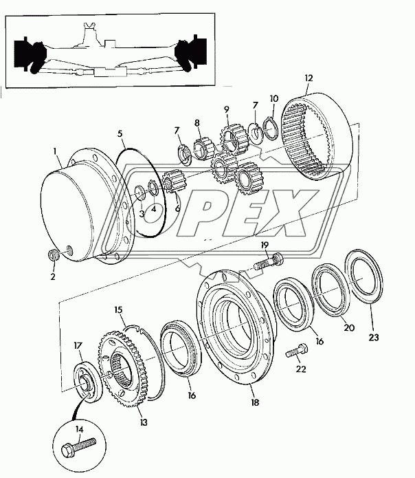 HUB AND COMPONENTS, FRONT AXLE, SD 80