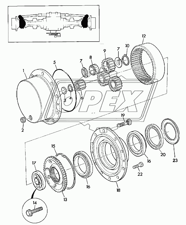 HUB AND COMPONENTS, REAR AXLE, SD 80