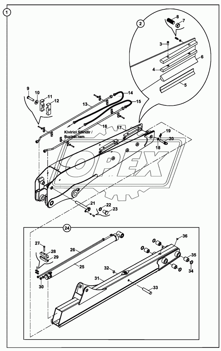 TELESCOPIC DIPPER, COMMON CENTERED RAM AND TIPPING LINK