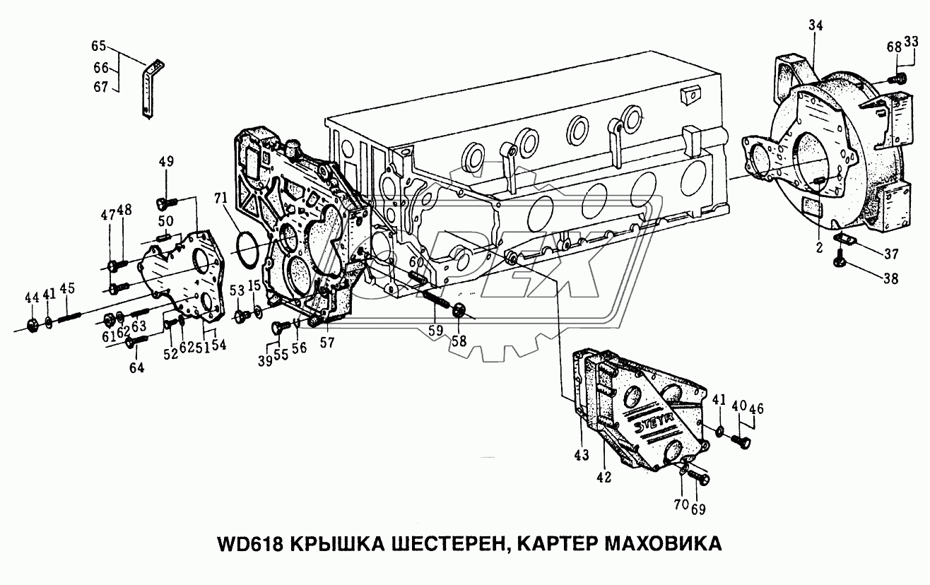 Крышка шестерен, картер маховика