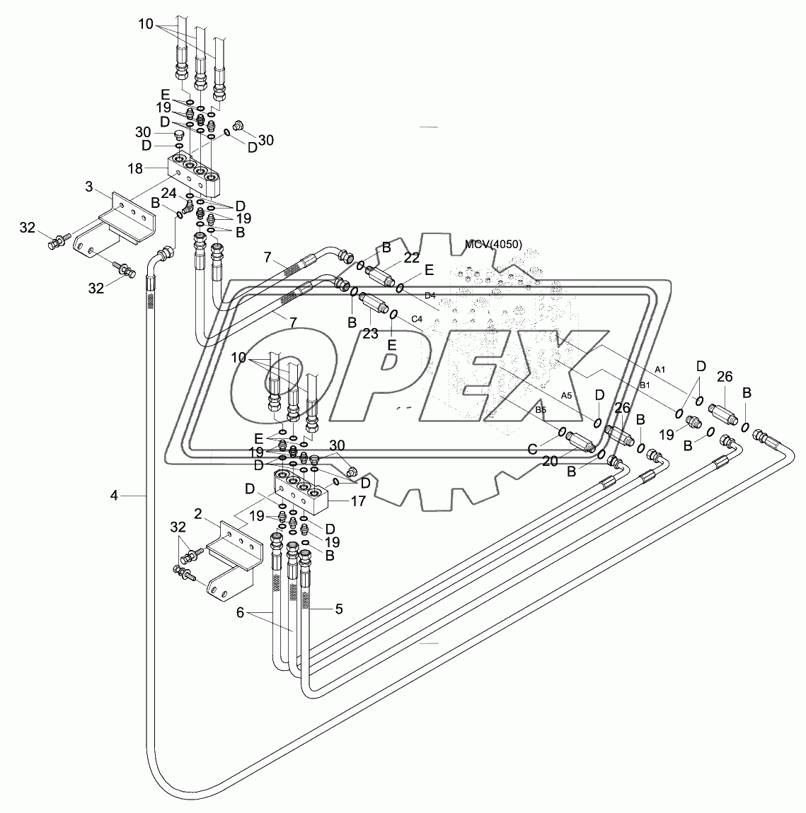 UPPER HYD PIPING 2 (ADJUST BOOM, #0005-)