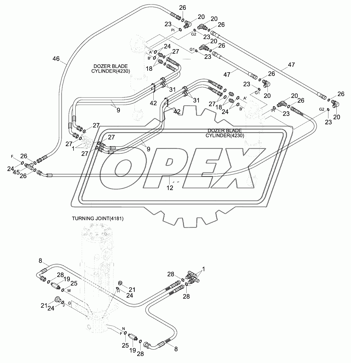 LOWER HYD PIPING (REAR BLADE, #0090-)