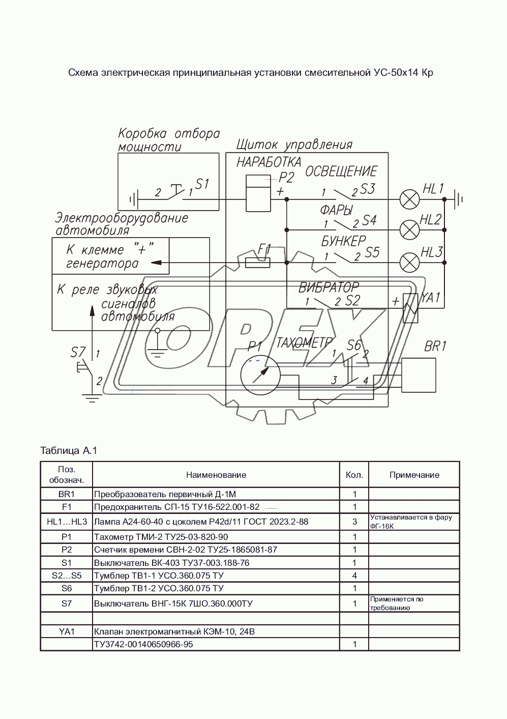 Схема электрическая принципиальная установки смесительной УС-50х14 Кр