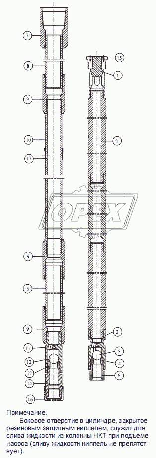 Насос трубный с неизвлекаемым увеличенным всасывающим клапаном, длинным плунжером и боковым отверстием в цилиндре 25-175 ТНМ-Т 11-10-2-2