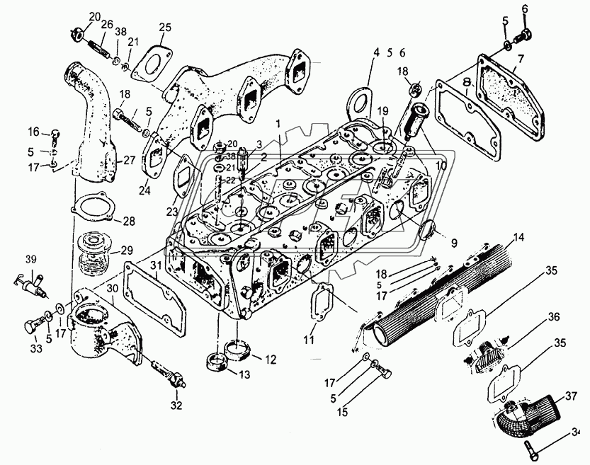 Cylinder head, thermostat, intake manifold and exhaust manifold