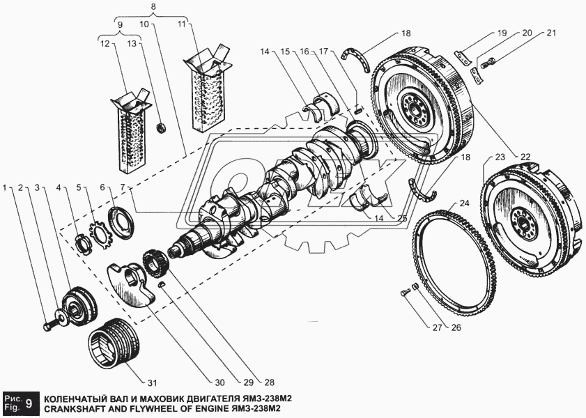 Коленчатый вал и маховик двигателя ЯМЗ-238М2