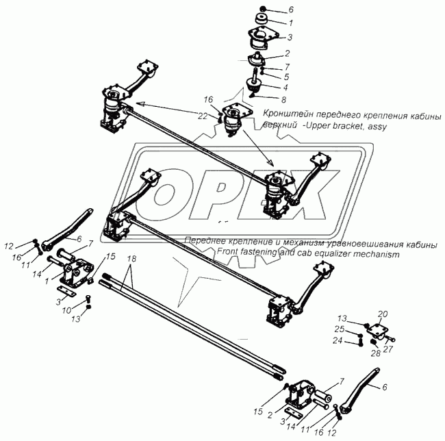 Переднее крепление и механизм уравновешивания кабины