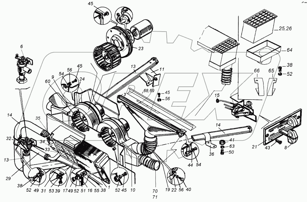 Элементы отопления и вентиляции кабины