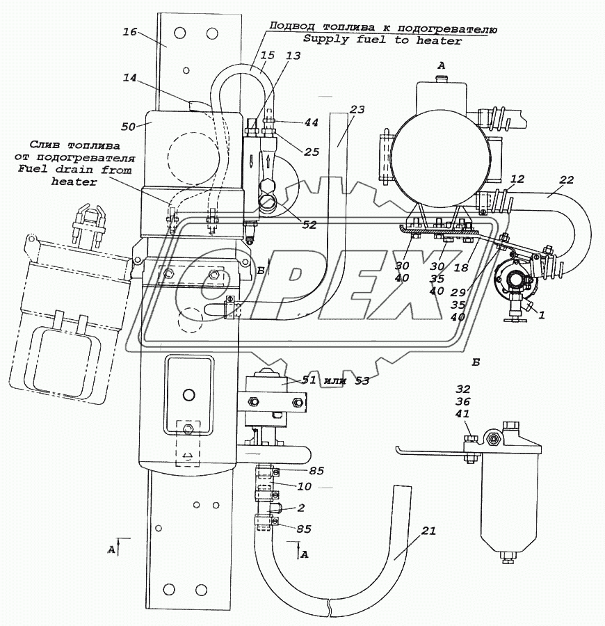 Установка подогревателя, электродвигателя с насосом и топливного фильтра 1