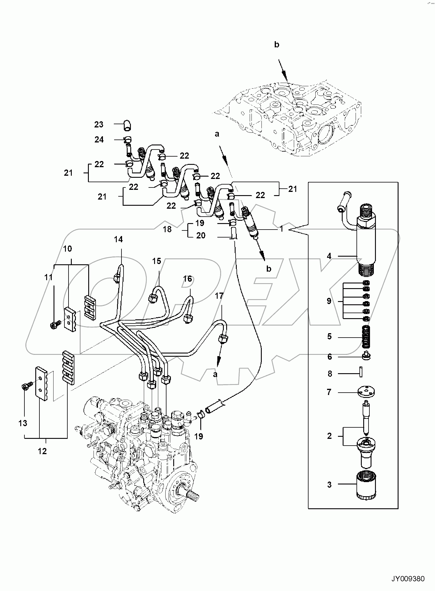  ENGINE, FUEL INJECTOR AND SPILL PIPE