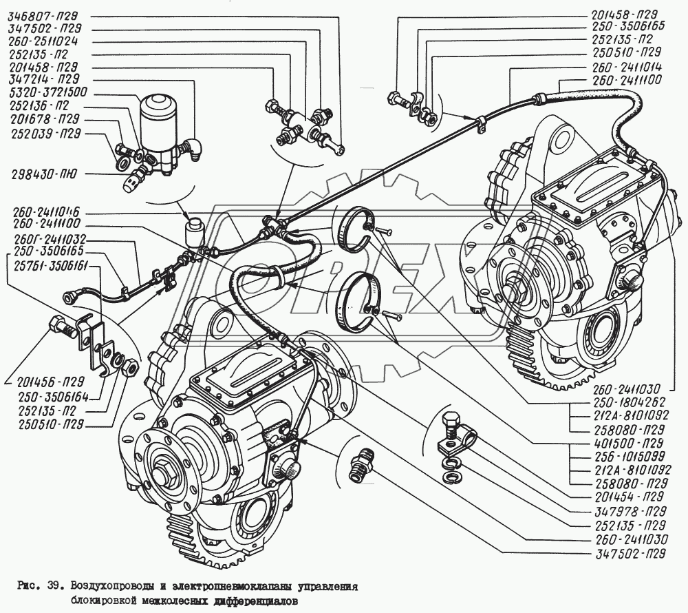 Воздухопроводы и электропневмоклапаны управления блокировкой межколесных дифференциалов