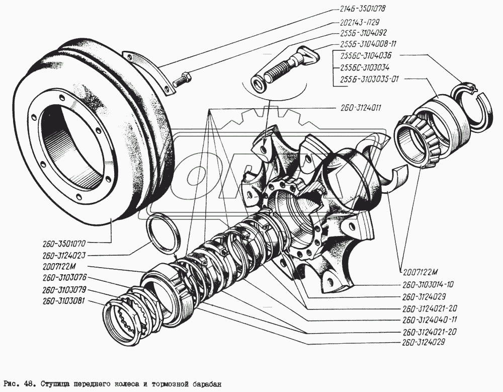 Ступица переднего колеса и тормозной барабан