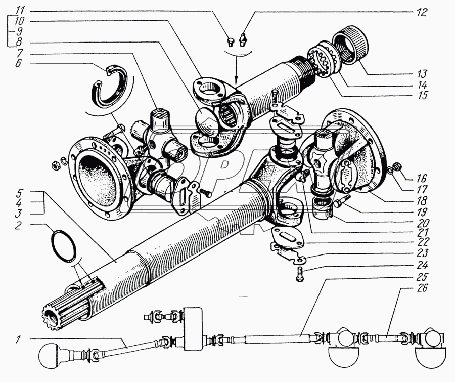 Вал карданный привода переднего, среднего и заднего мостов