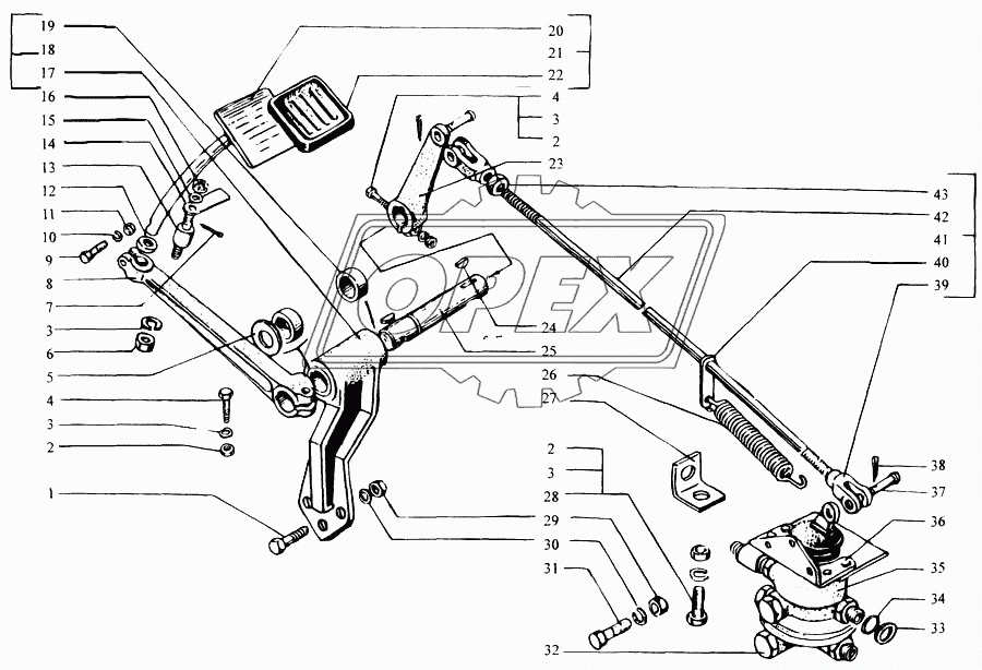 Педаль тормозная и привод управления двухсекционным тормозным краном