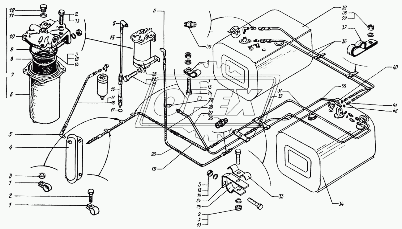 Топливные баки, топливопроводы и фильтр грубой очистки топлива автомобиля краз-64431