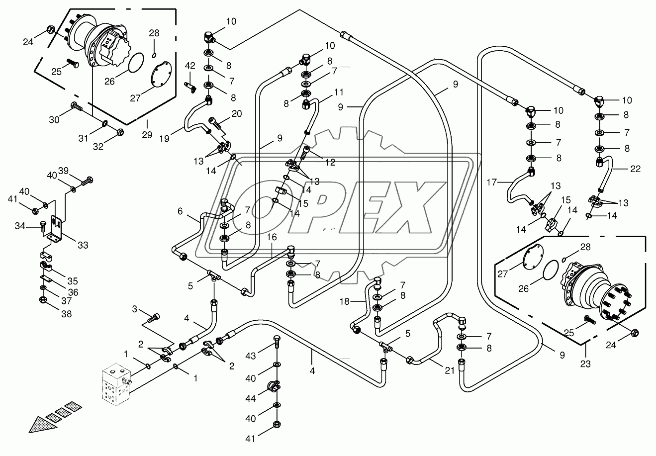 Hydr.ground drive/Cam lobe mot.- back