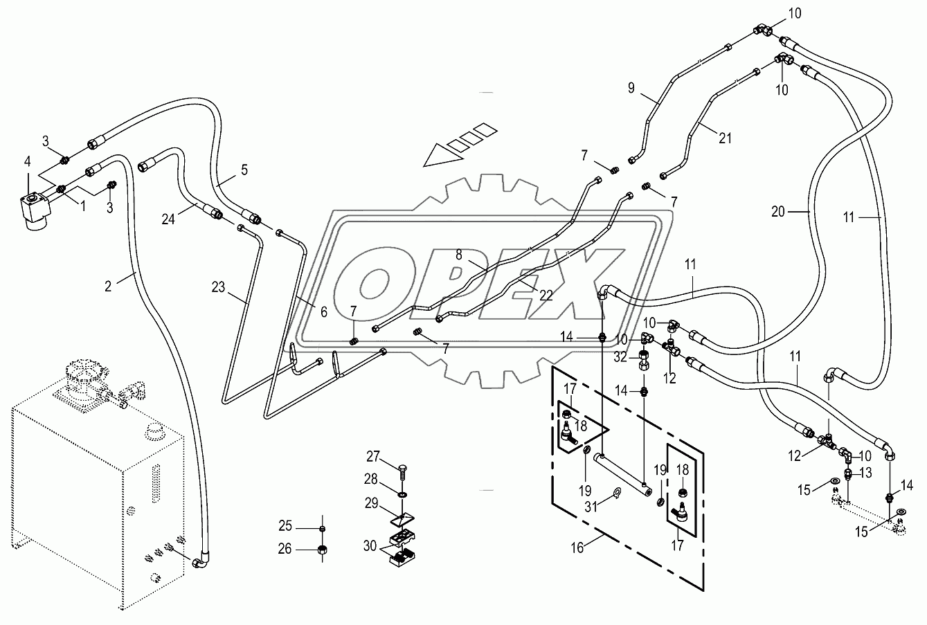 Working hydr.-hydr.line (steering) 1