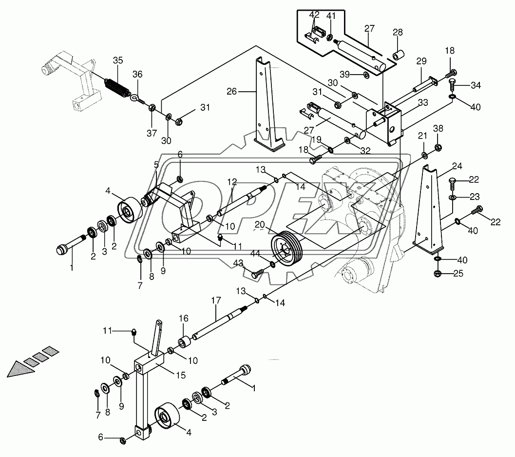 Tensioning device on auxiliary gearbox