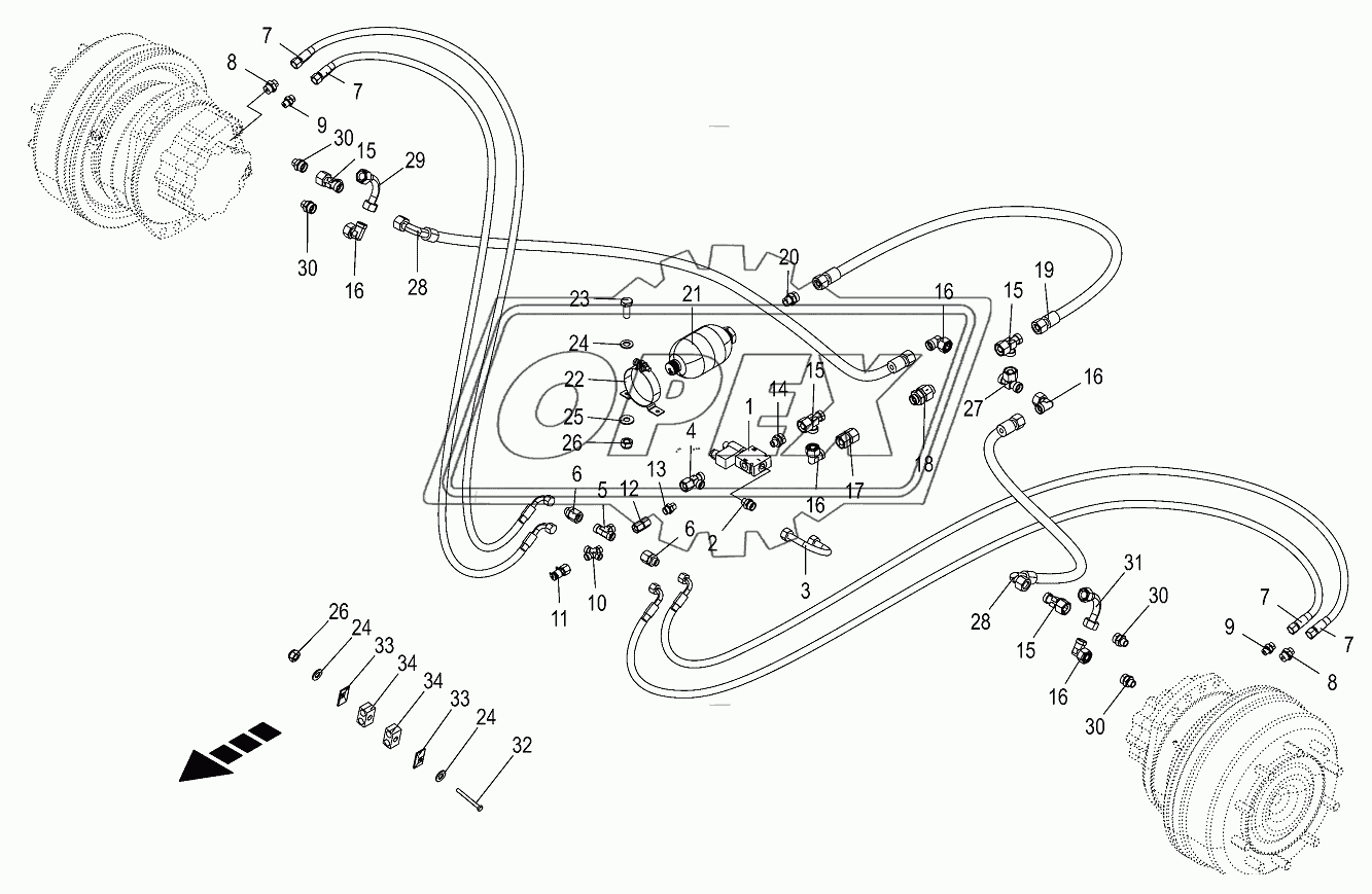 Hydr.ground drive/pressure oil line-front