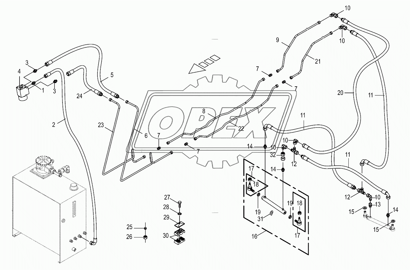 Working hydr.-hydr.line (steering) 1