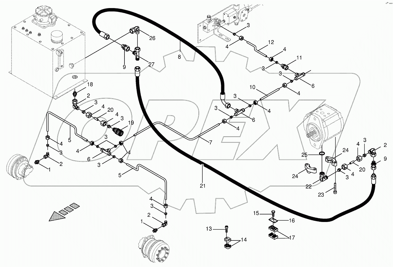 Hydr.ground drive/front leakage oil line