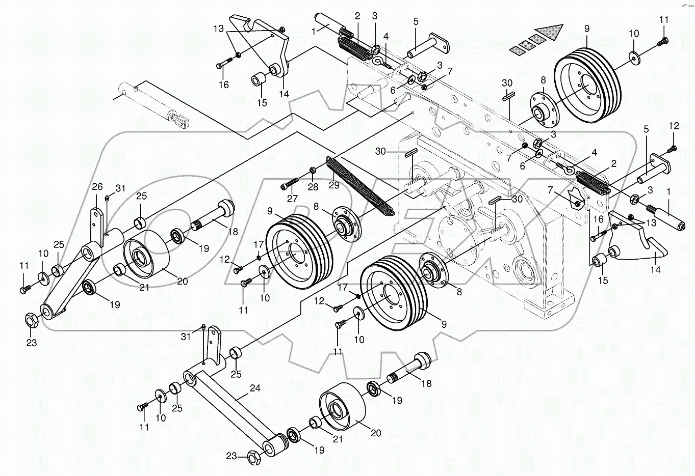 Tensioning device on central gearbox