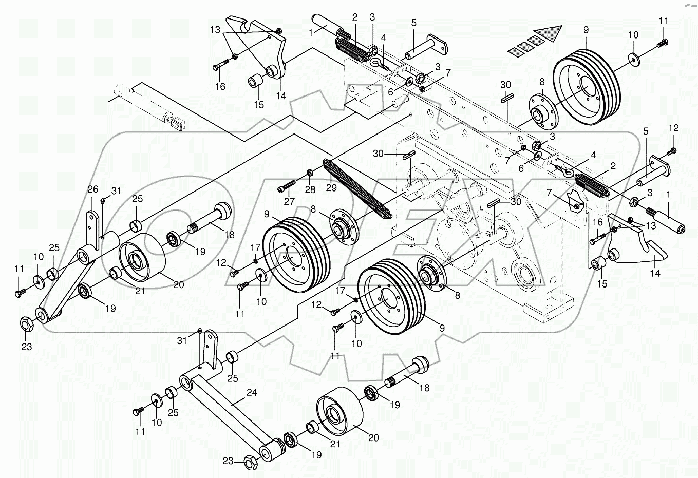 Tensioning device on central gearbox