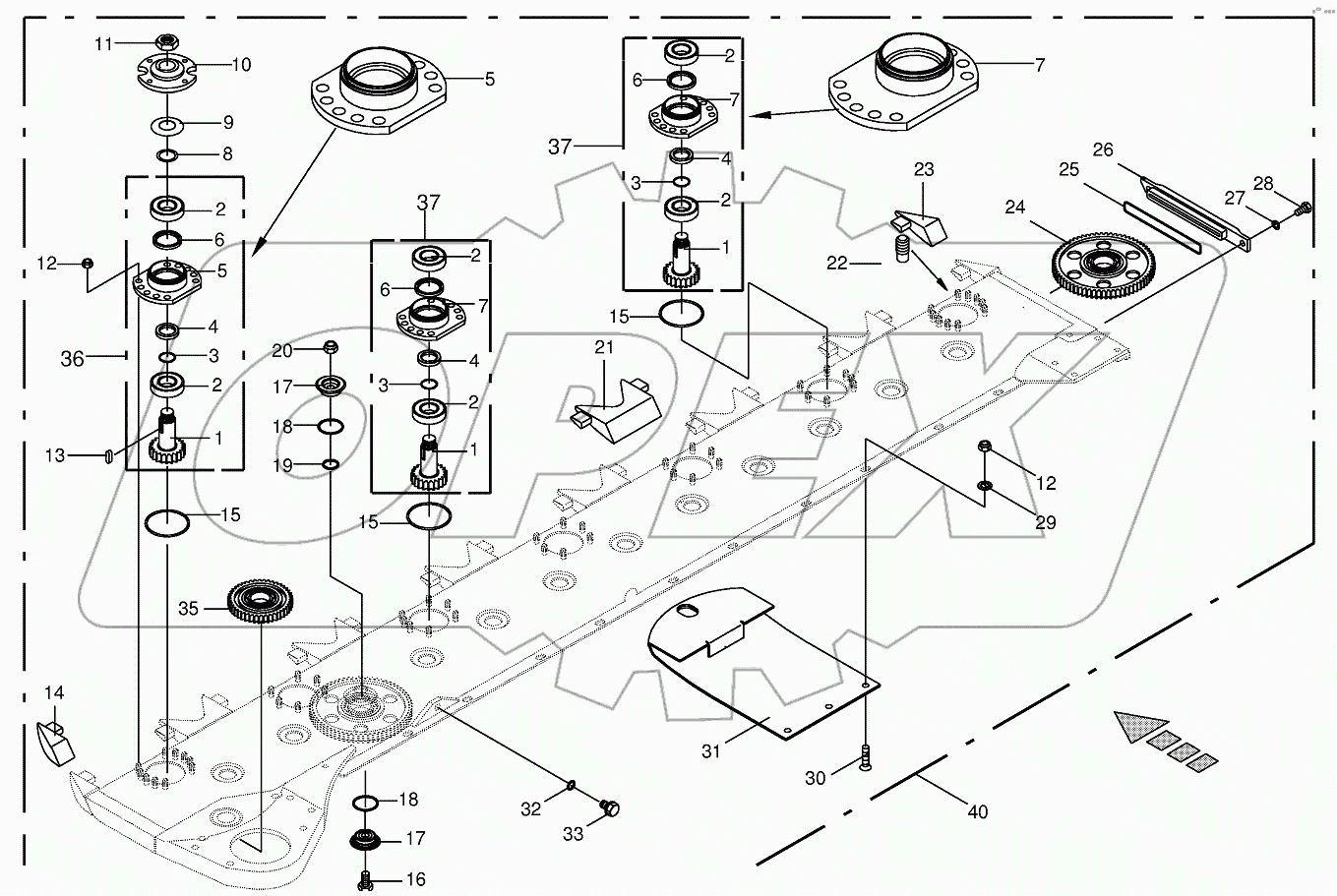 Cutter bar with bearings-front