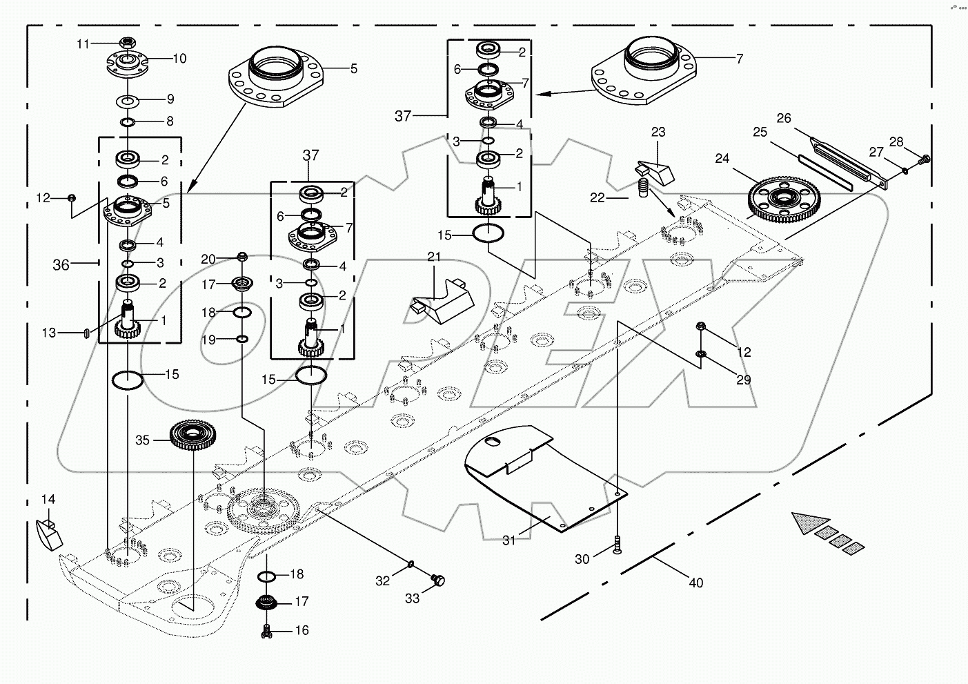 Cutter bar with bearings-front