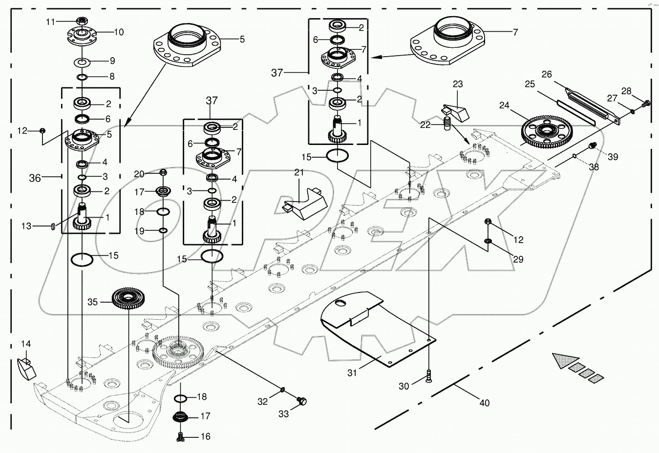 Cutter bar with bearings-front