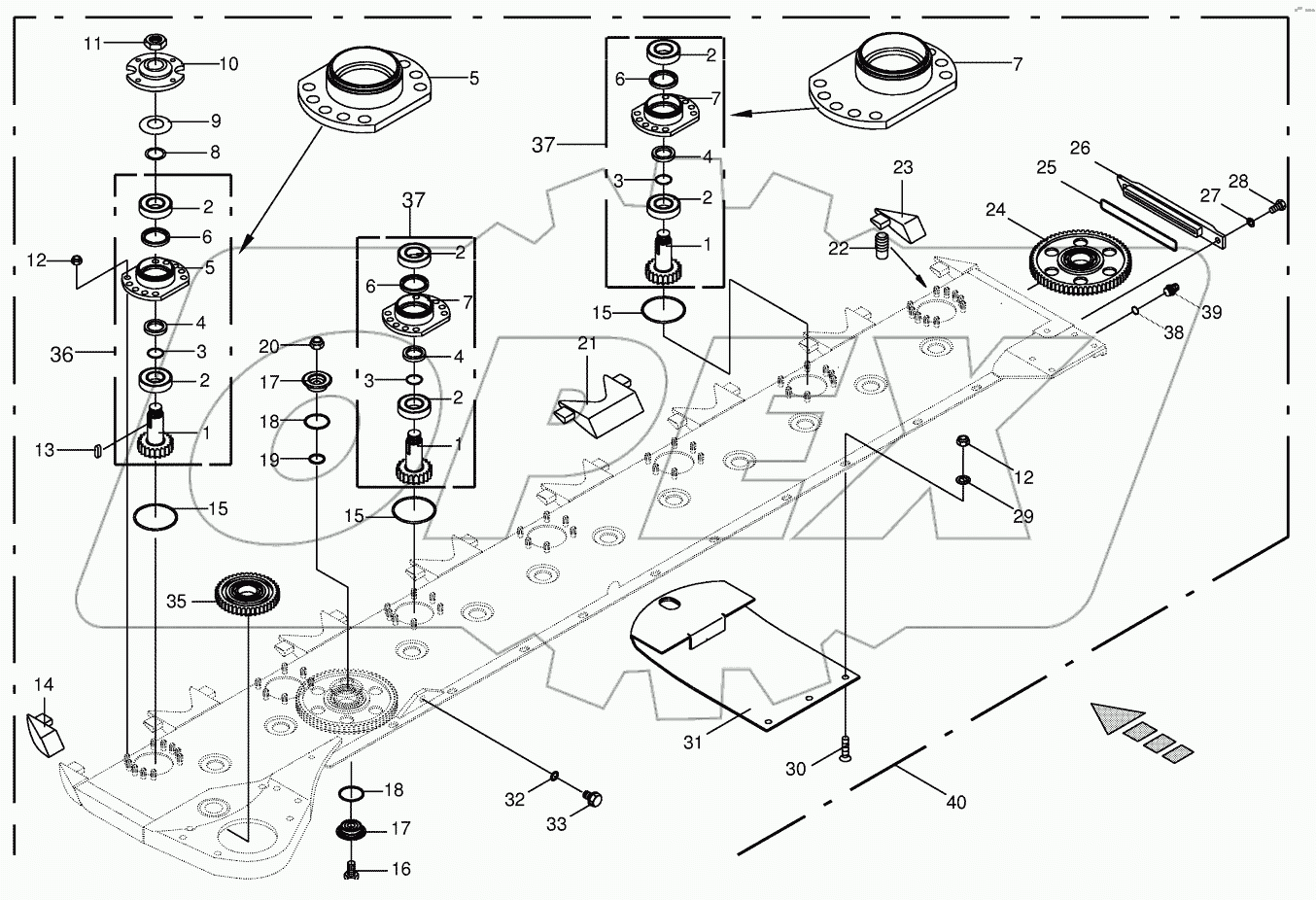 Cutter bar with bearings-front