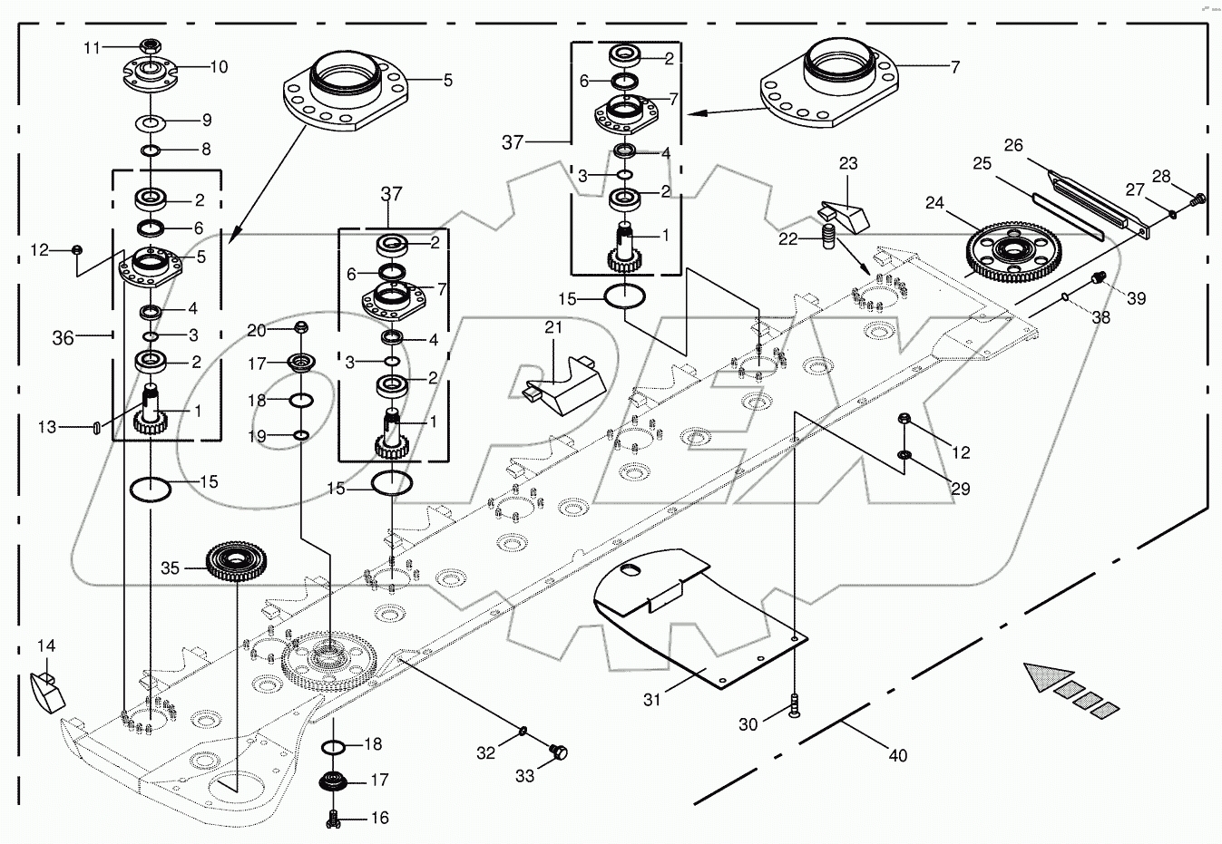 Cutter bar with bearings-front