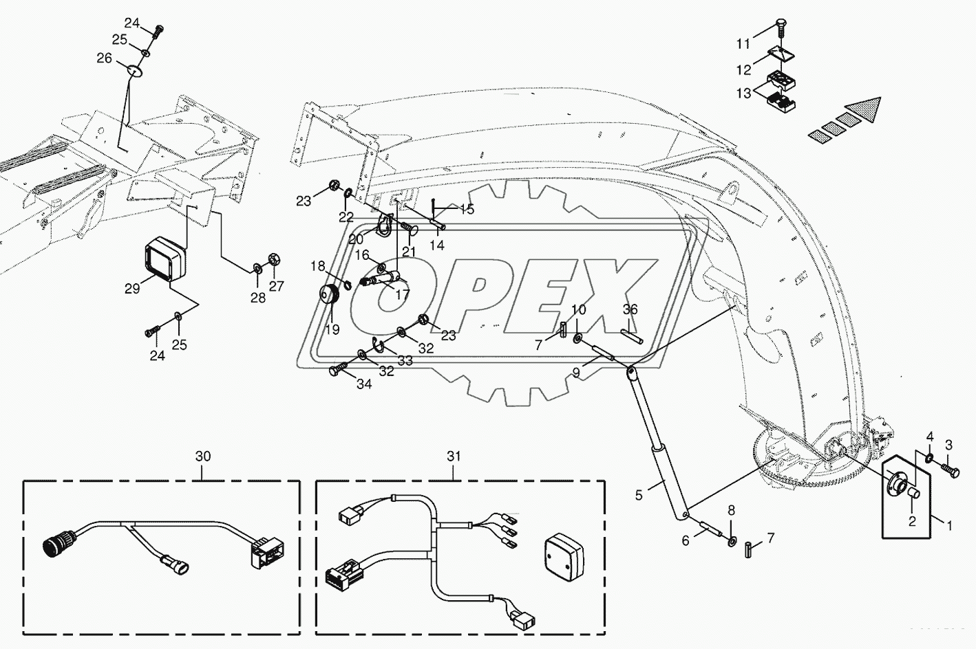 Upper discharge chute-mounting parts