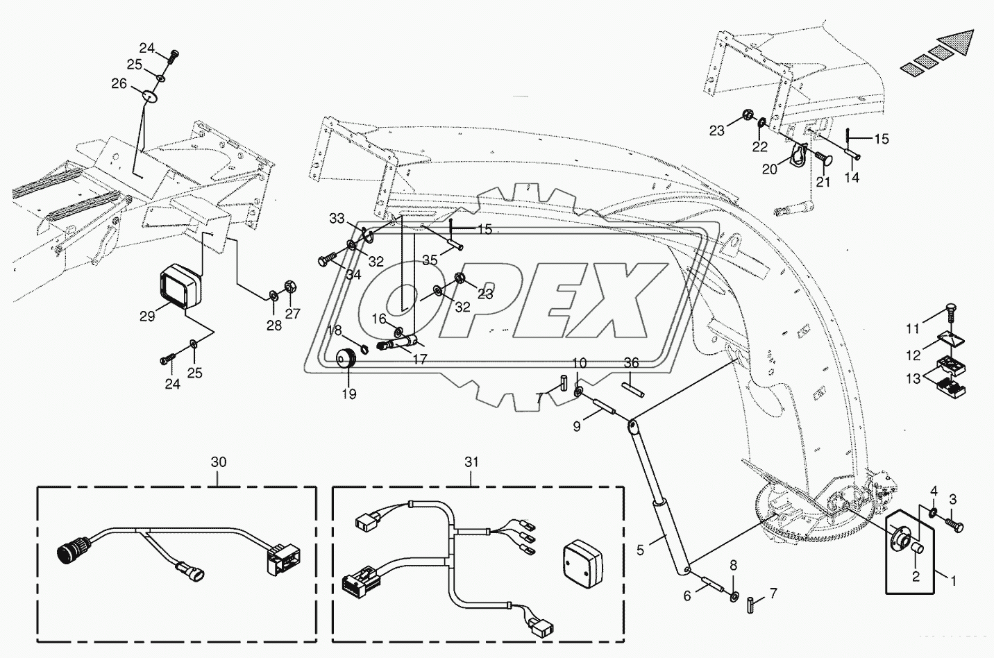 Upper discharge chute-mounting parts
