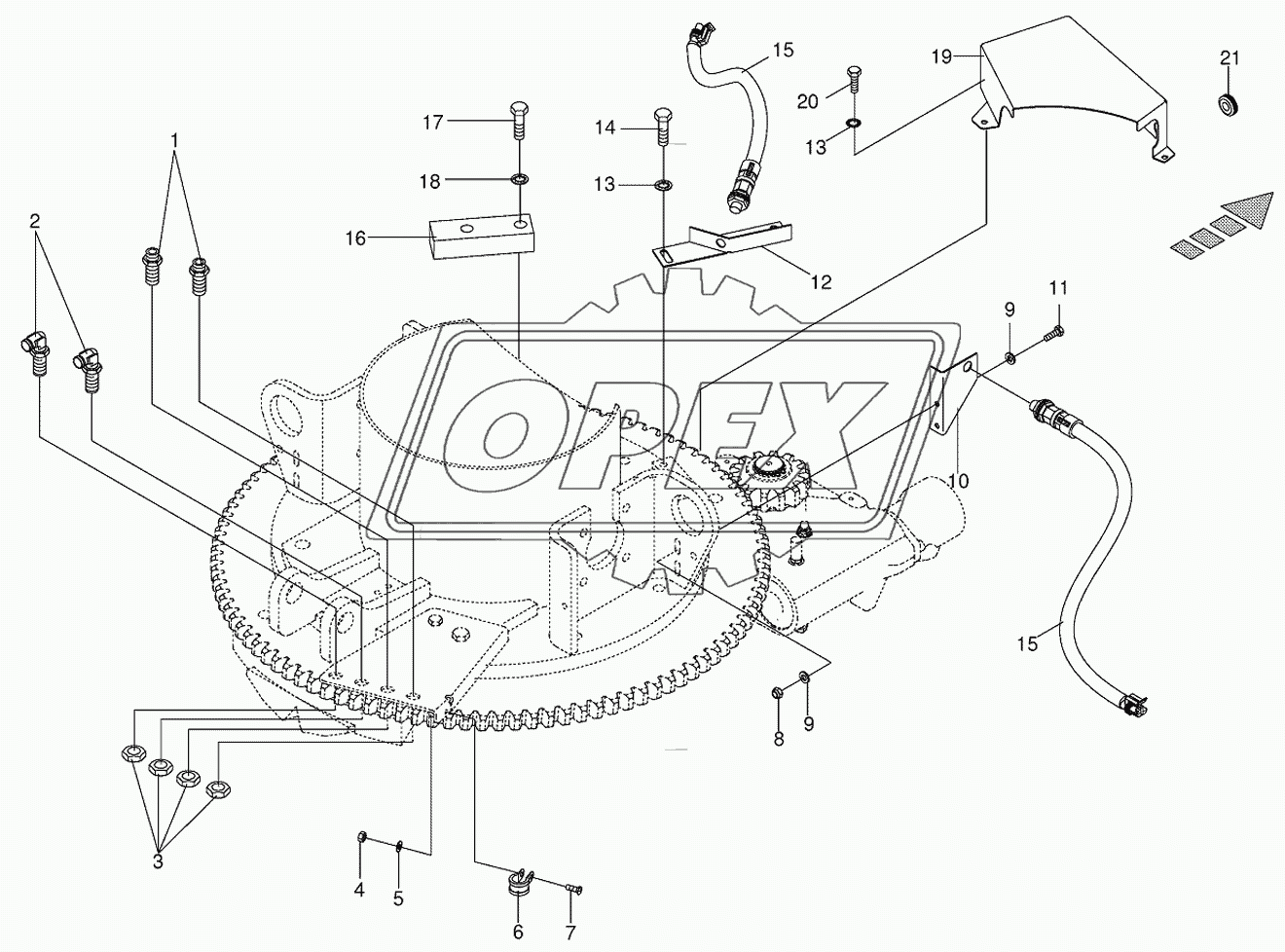 Mounting parts discharge chute rotation