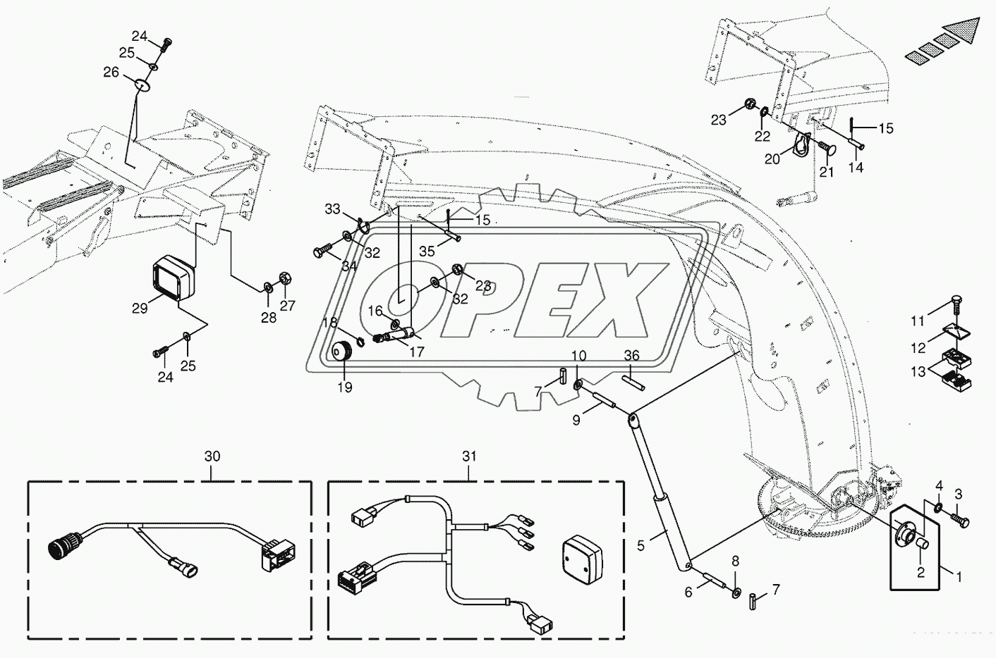 Upper discharge chute-mounting parts