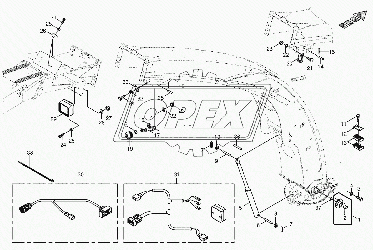 Upper discharge chute-mounting parts