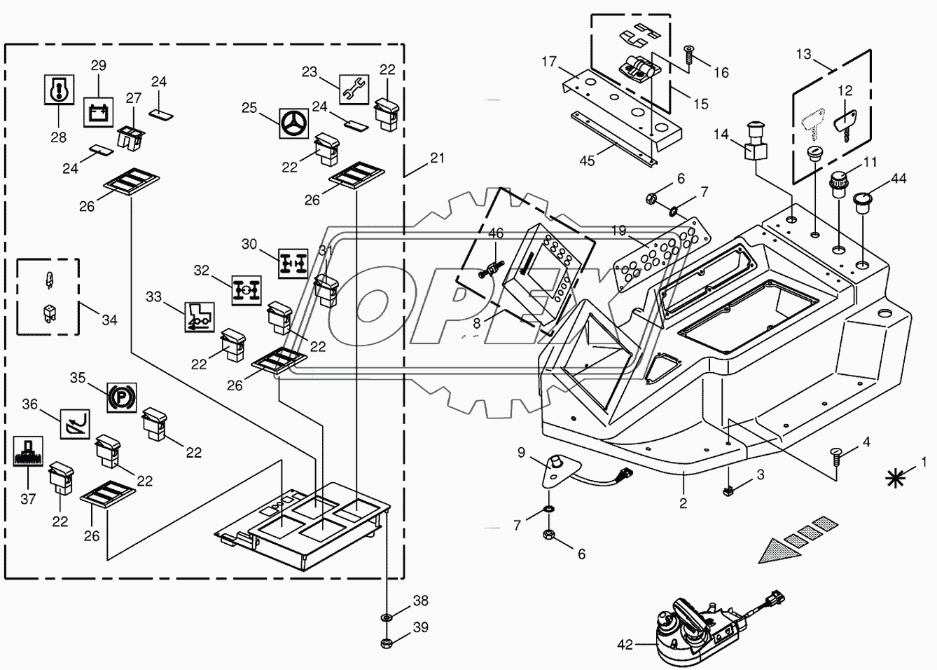 Control box mounting parts-top